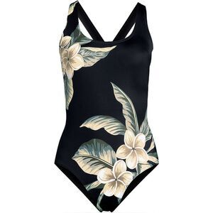 Land's End X back Tugless tank one piece bathing suit Black Plumeria Floral Var